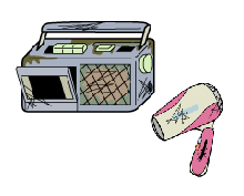 Secador de cabelo, rádio gravador