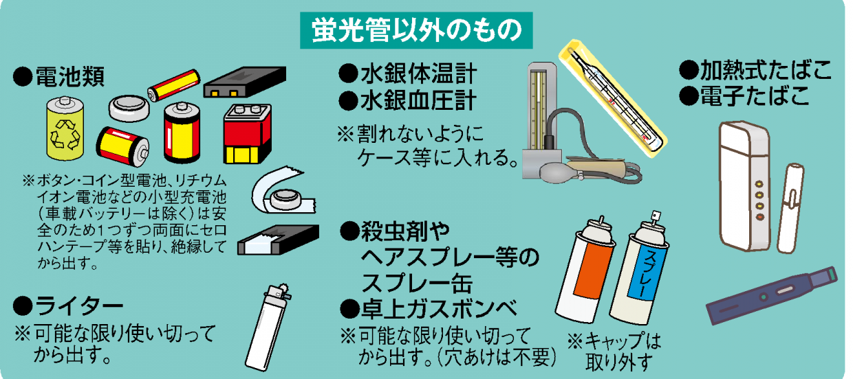 電池類、ライター、水銀体温計、水銀血圧計、スプレー缶、卓上ガスボンベ、加熱式たばこ、電子たばこ