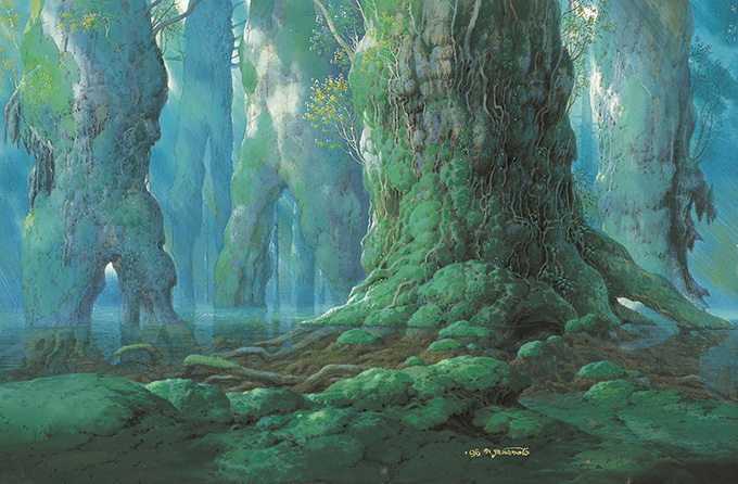 もののけ姫《シシ神の森（5）》©1997　Studio Ghibli・ND～浜松市美術館「アニメーション美術の創造者　新・山本二三展」より～