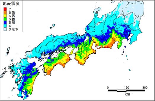 南海トラフの巨大地震モデル検討会より発表された震度想定図