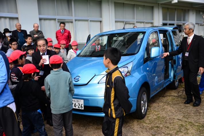 車両を取り囲み電気自動車について説明を受ける児童たち