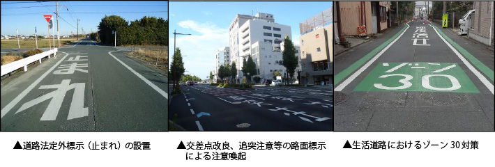 道路法定外標示(止まれ)の設置 交差点改良、追突注意等の路面標示による注意喚起 生活道路におけるゾーン30対策