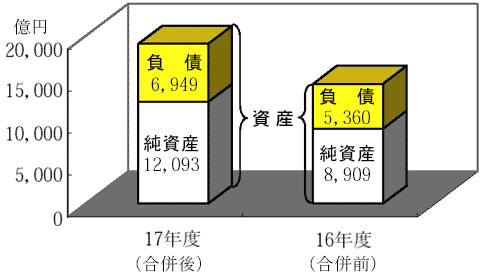 17年度と16年度の連結バランスシート比較のグラフ