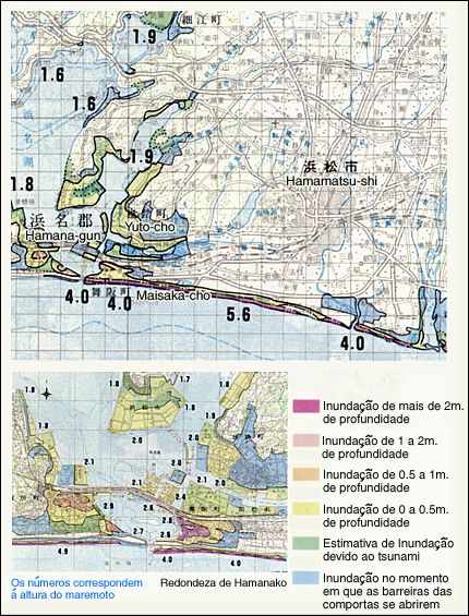 Estimativa de inundação devido ao tsunami.