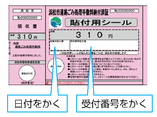 連絡ごみ処理手数料納付済証のシール部分に日付と受付番号を書く