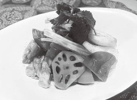 秋野菜と豚バラ肉の甘酢あえ