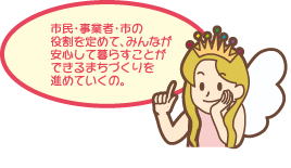 市民・事業者・市の役割を定めて、みんなが安心して暮らすことができるまちづくりを進めていくの。