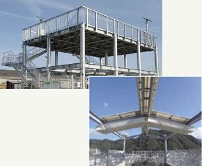 津波避難タワー（中央区三新町）（上）と、開閉式日除けの施工イメージ（下）