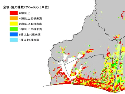 静岡県第4次地震被害想定 全壊・焼失棟数分布図（レベル2陸側ケース、冬・夕方）