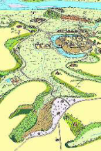 引馬城（古城）を犀ヶ崖付近から遠望した鳥瞰図（想像図）