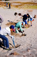 真剣に砂を掘る小学生たち